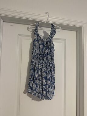 Girls Blue Leaf-Print One-Piece Romper